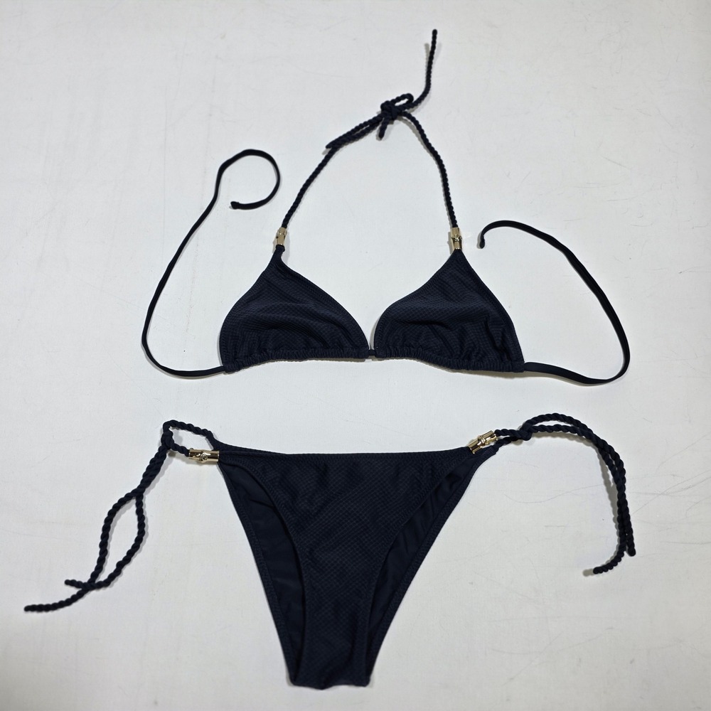 Heidi Klein Bikini Set Womens Small Navy Blue Honeycomb Texture Bamboo Hardware